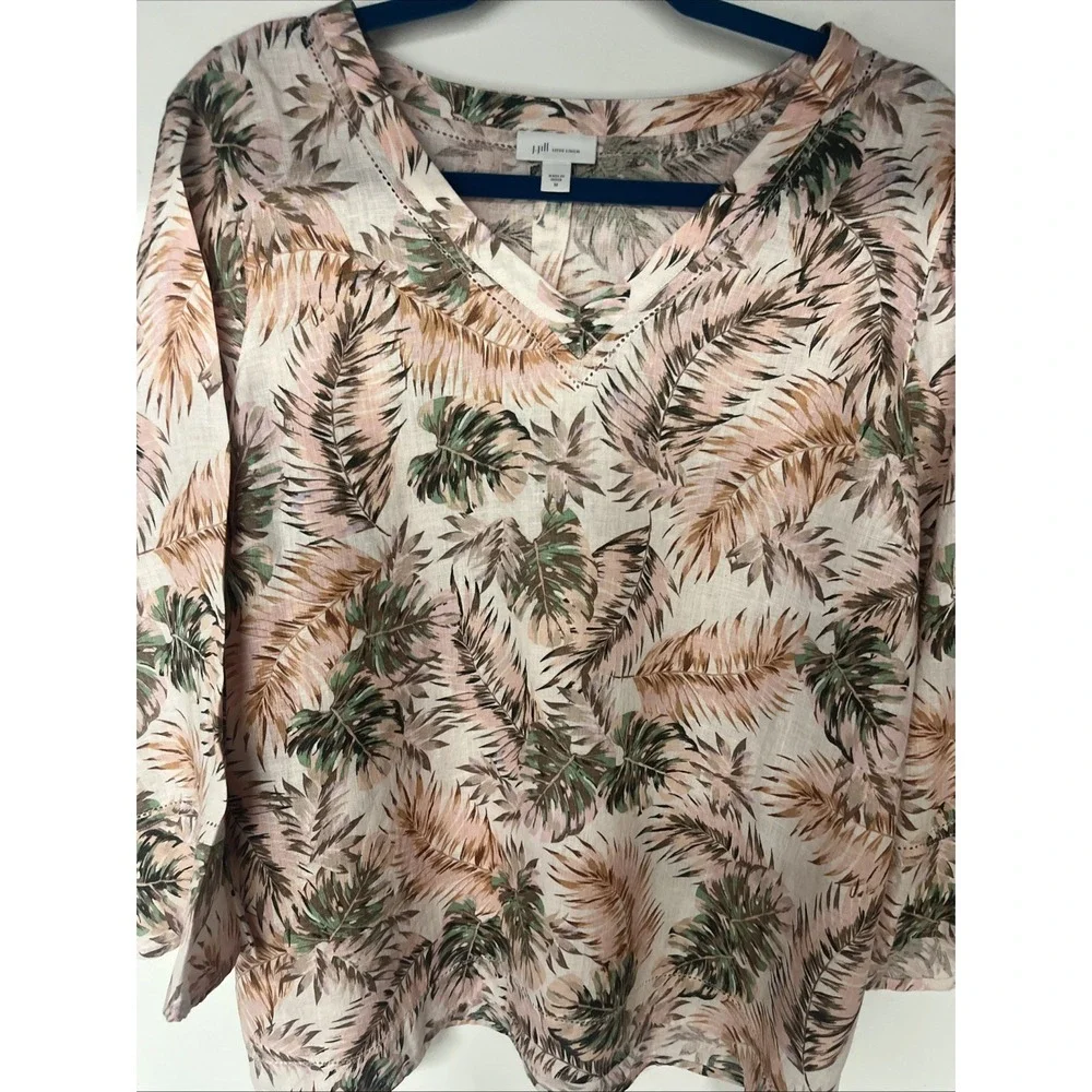 J Jill Love Linen Top Womens M Pink Tropical Palm Print V Neck 100% Linen - Picture 2 of 12